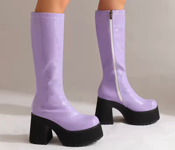 Women Color Fashion Platform Patent Leather Knee High Boots