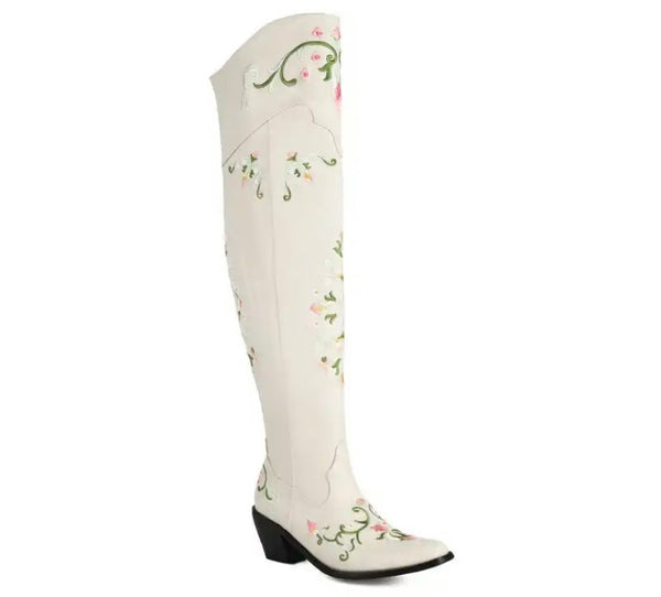 Women Fashion Floral Faux Leather Over The Knee Western Boots
