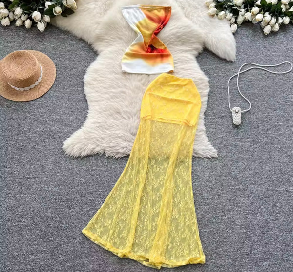 Women Sexy Printed Strapless Yellow Two Piece Lace Maxi Skirt Set