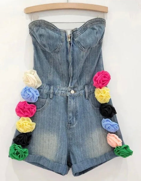 Women Fashion Front Zipper Floral Strapless Denim Romper