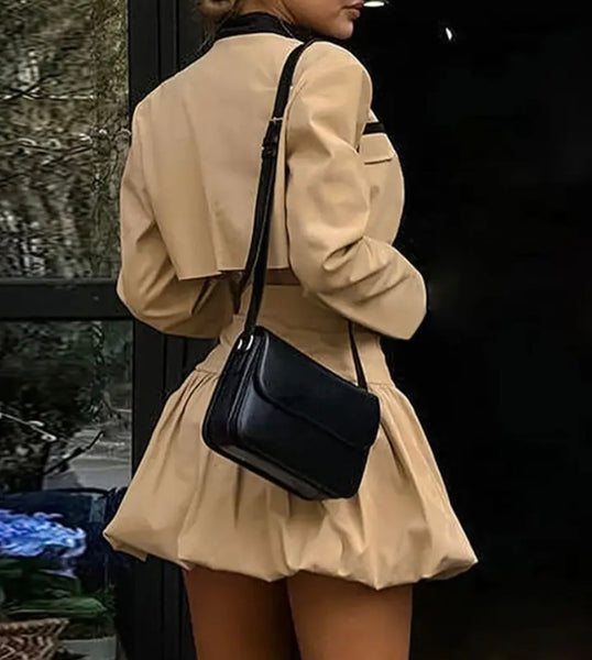 Women Sexy Fashion Full Sleeve Khaki Two Piece Skirt Set