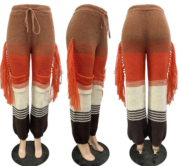 Women Knitted Color Patchwork Fringe Pants