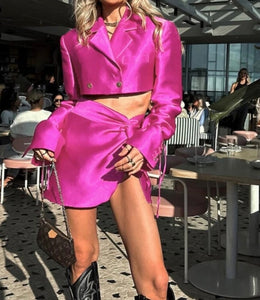 Women Sexy Full Sleeve Button Up Satin Two Piece Skirt Set