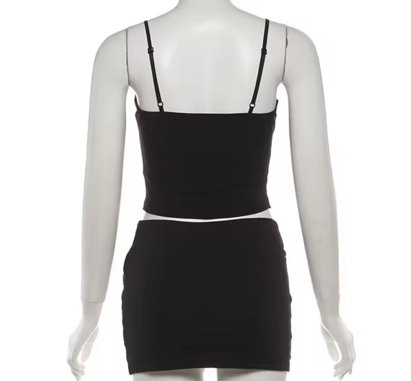 Women Sexy Black Sleeveless Mesh Rivet Patchwork Two Piece Skirt Set