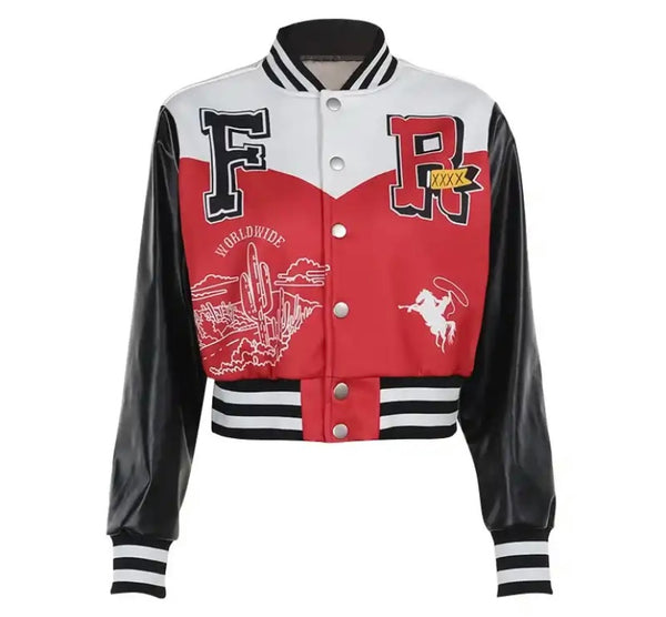 Women Fashion Color Patchwork Letter Print Varsity Jacket