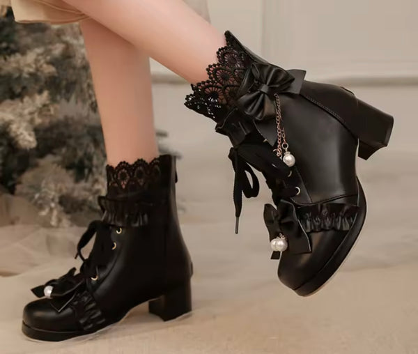 Women Fashion Lace Up Pearl Bow Ankle Boots