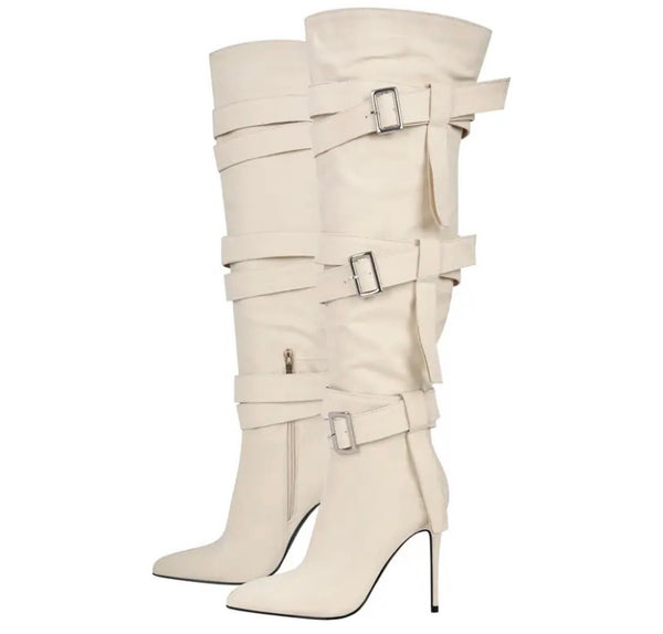 Women Buckled High Heel Fashion Knee High Boots