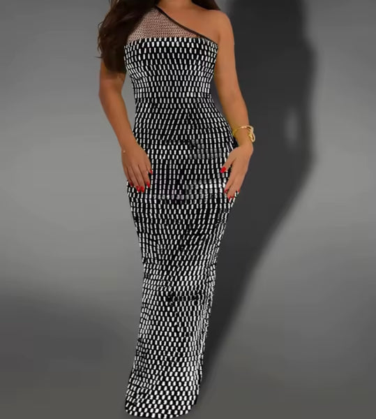 Women Sexy One Shoulder Sleeveless Bling Rivet Maxi Dress