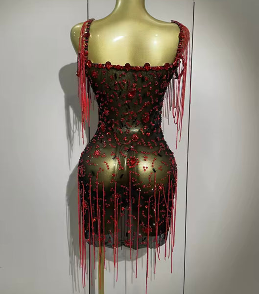 Women Sexy Sleeveless Black Beaded Crystal Tassel Mesh Dress