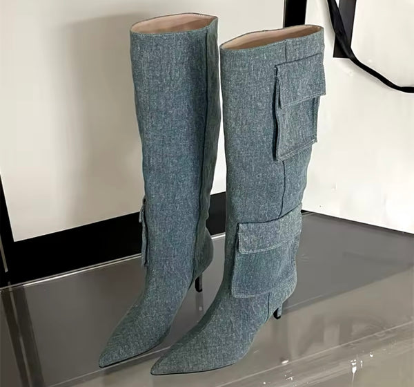 Women Pocket Fashion High Heel Knee High Boots