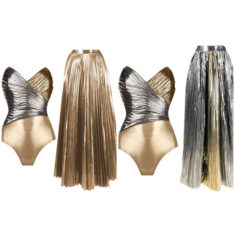 Women Sexy Strapless Metallic Swimsuit Pleated Cover Up Set