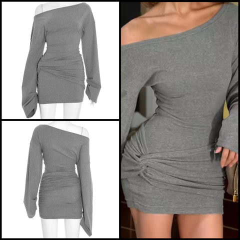 Women Sexy Gray Slant Shoulder Full Sleeve Ruched Dress