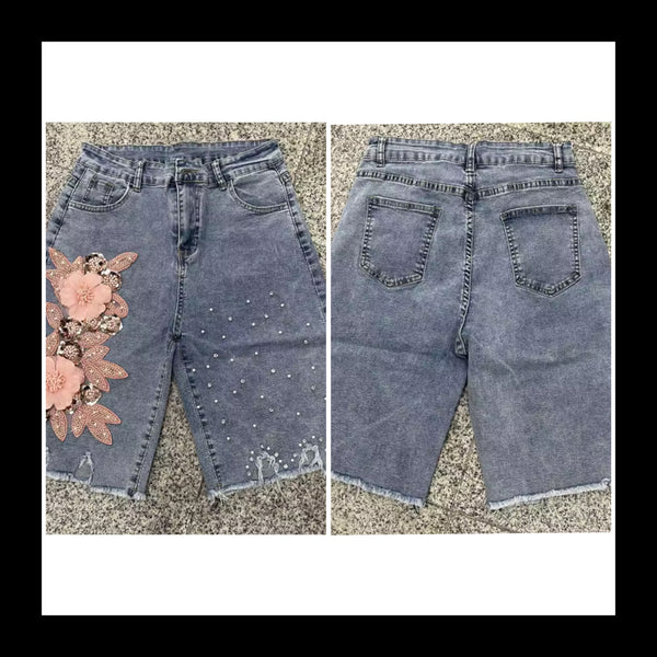 Women Fashion Pink Beaded Floral Rhinestone Denim Shorts