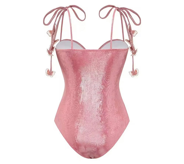 Women Pink Sparkly Tie Up Butterfly Swimsuit Cover Up Set