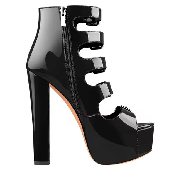 Women Open Toe Buckled Patent Leather Ankle Sandals