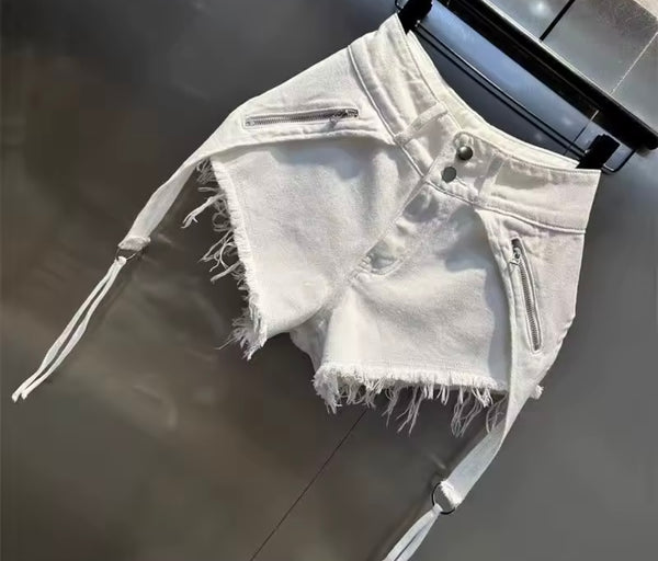 Women Fashion White Zipper Tassel Denim Shorts