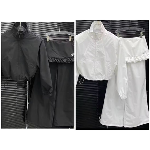 Women Fashion Zip Up Jacket Two Piece Ruffled Wrap Pant Set