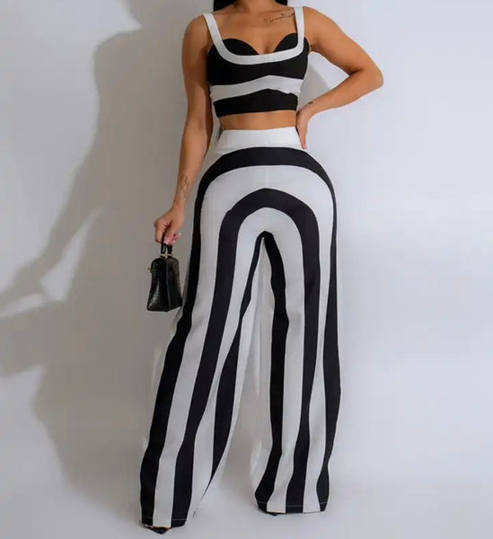 Women Sexy Fashion Sleeveless Striped Two Piece Pant Set