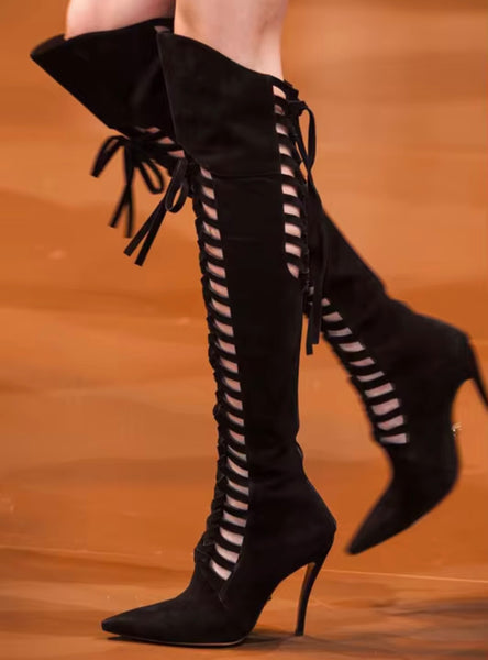 Women Color Fashion Pointed Toe Tie Up Suede Knee High Boots