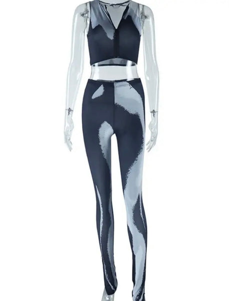 Women Sleeveless Color Patchwork Fashion Two Piece Pant Set