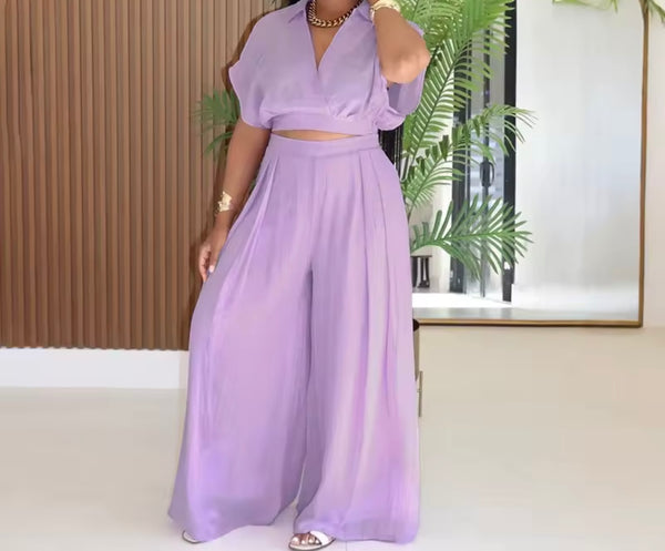 Women Color Short Sleeve Fashion Two Piece Wide Leg Pant Set