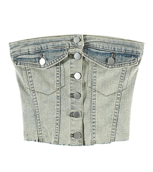 Women Fashion Button Up Strapless Two Piece Denim Pant Set