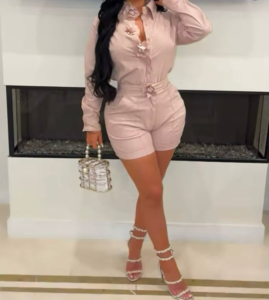 Women Floral Full Sleeve Solid Color Two Piece Short Set