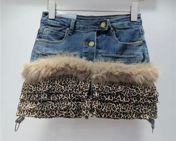 Women Fashion Faux Fur Leopard Denim Skirt