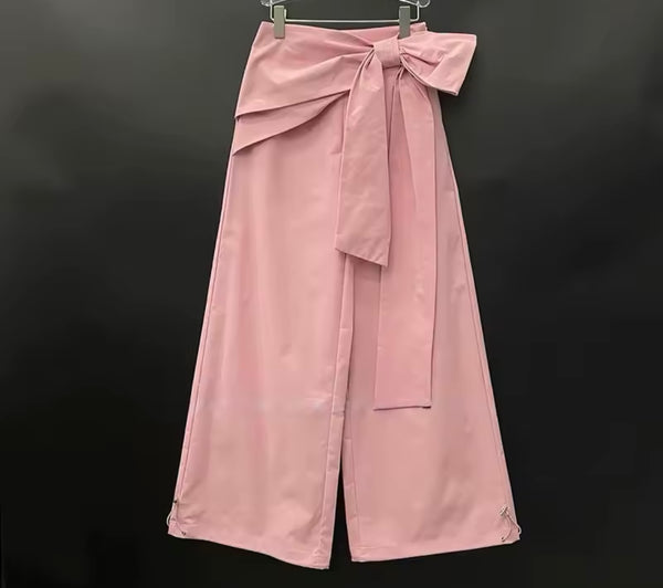 Women Color Fashion Bow Wide Leg Pants
