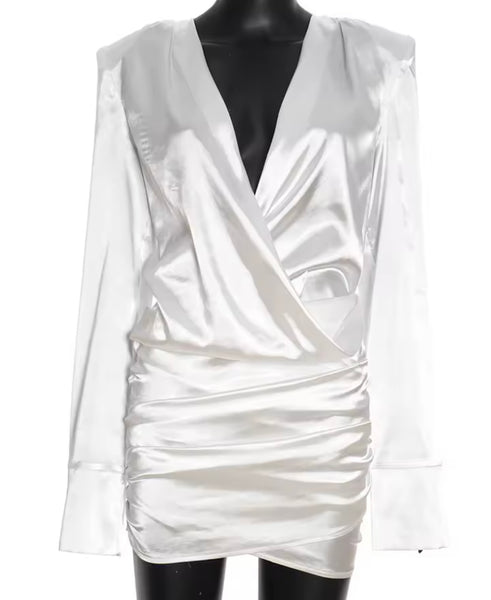 Women Sexy Deep V-Neck Ruche Full Sleeve Dress