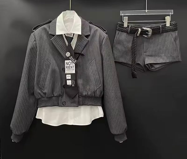Women Fashion Pinstripes Three Piece Short Set
