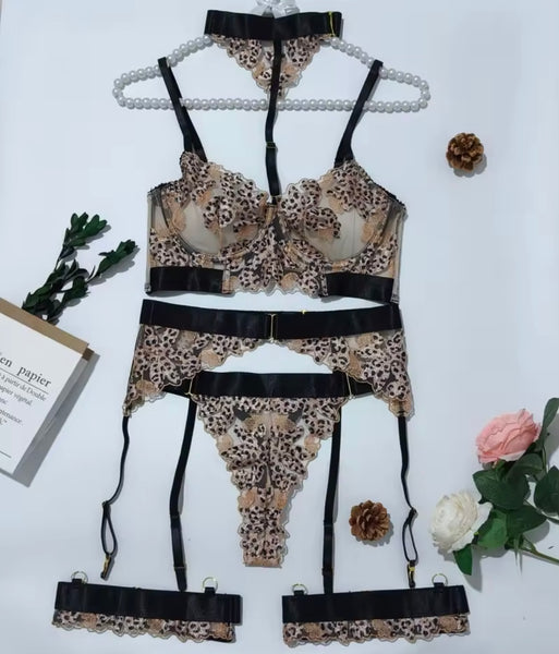 Women Sexy Choker Leopard Print Mesh Lingerie Set