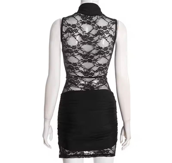 Women Sexy Sleeveless Lace Wrap Ruched Dress