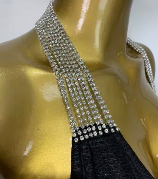 Women Sexy Black Rhinestone Chain Sleeveless Maxi Dress