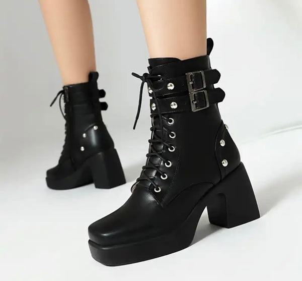 Women Fashion Platform Buckled Lace Up Ankle Boots