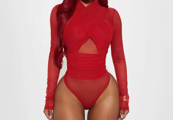 Women Sexy Fashion Criss Cross Mesh Full Sleeve Bodysuit Top