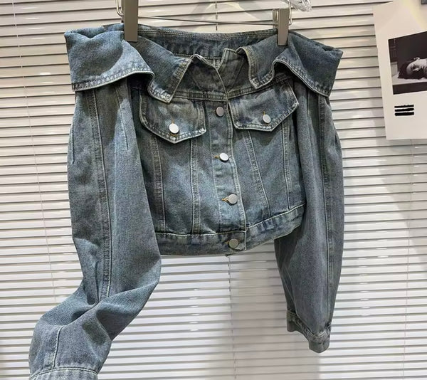 Women Fashion Off The Shoulder Button Up Denim Jacket