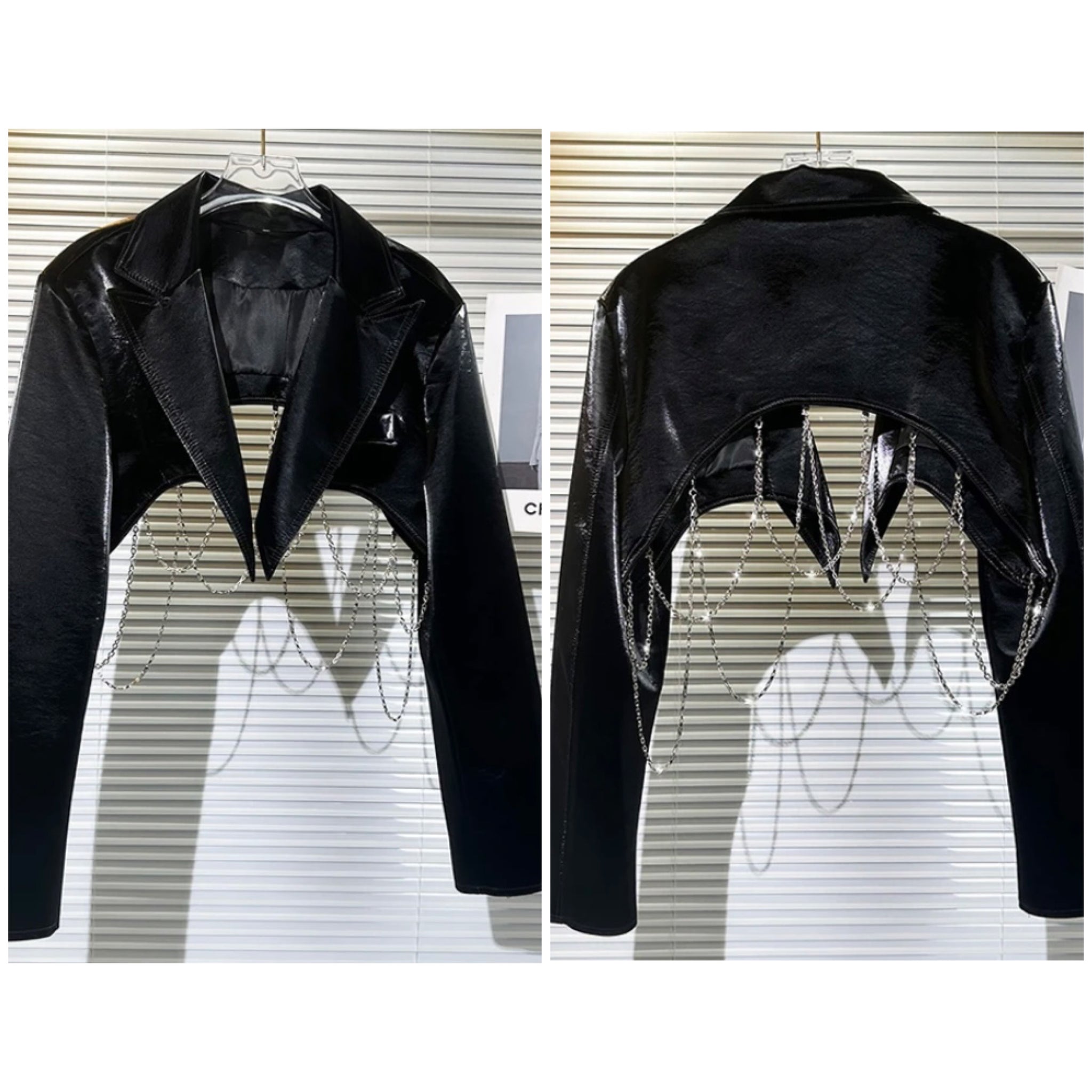 Women Black Fashion Chain Faux Leather Crop Jacket