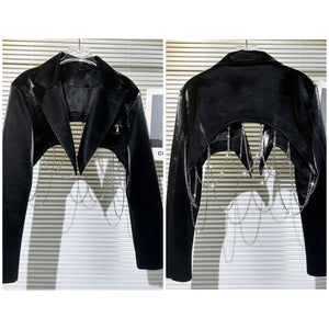 Women Black Fashion Chain Faux Leather Crop Jacket