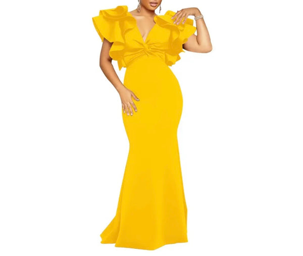 Women Sexy Color Ruffled Short Sleeve Maxi Dress