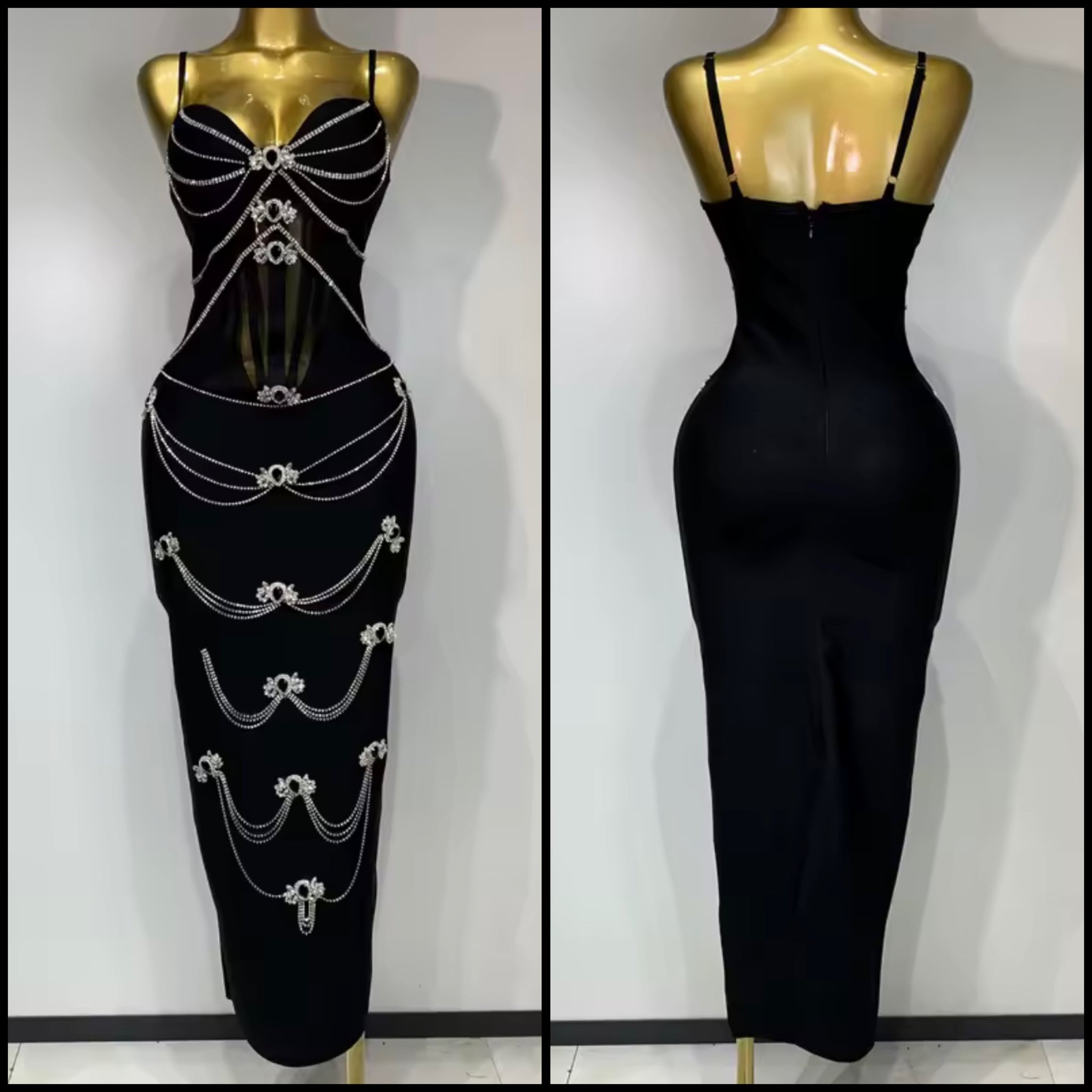 Women Sexy Sleeveless Black Bling Rhinestone Maxi Dress