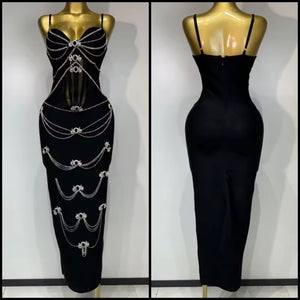 Women Sexy Sleeveless Black Bling Rhinestone Maxi Dress