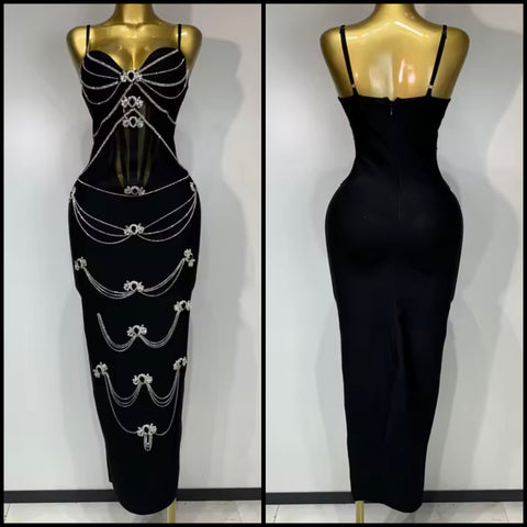 Women Sexy Sleeveless Black Bling Rhinestone Maxi Dress