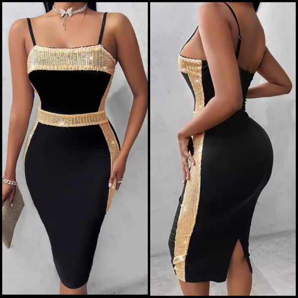 Women Sexy Sleeveless Black Gold Sequins Patchwork Dress