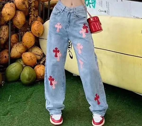 Women Fashion Color Cross Denim Pants