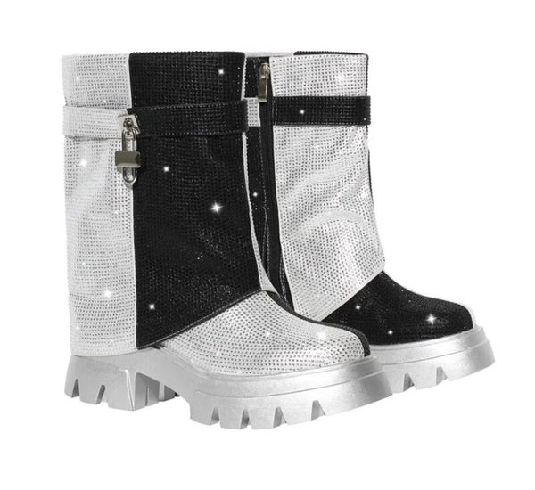 Women Fashion Color Patchwork Bling Buckled Lock Ankle Boots