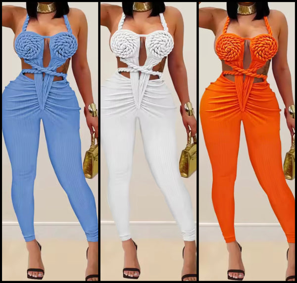 Women Sexy Halter Sleeveless Rope Ruched Jumpsuit