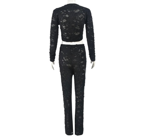 Women Sexy Black Ripped Full Sleeve Two Piece Pant Set