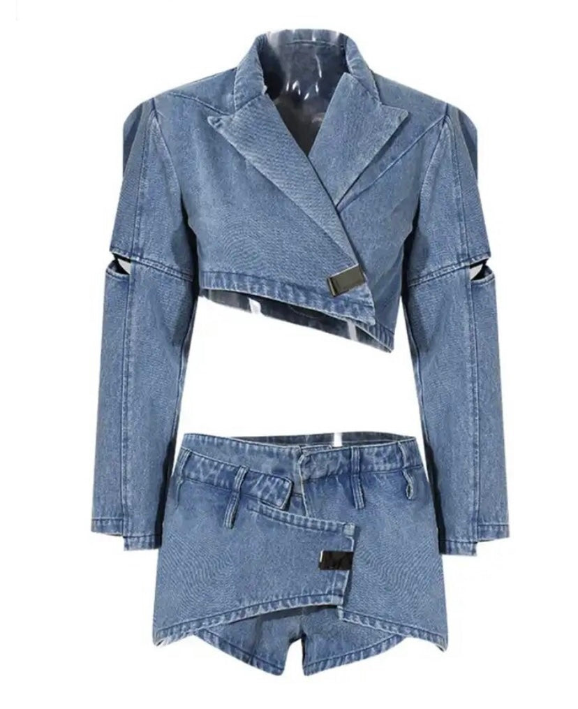 Women Denim Two Piece Fashion Crop Blazer Skirt Set