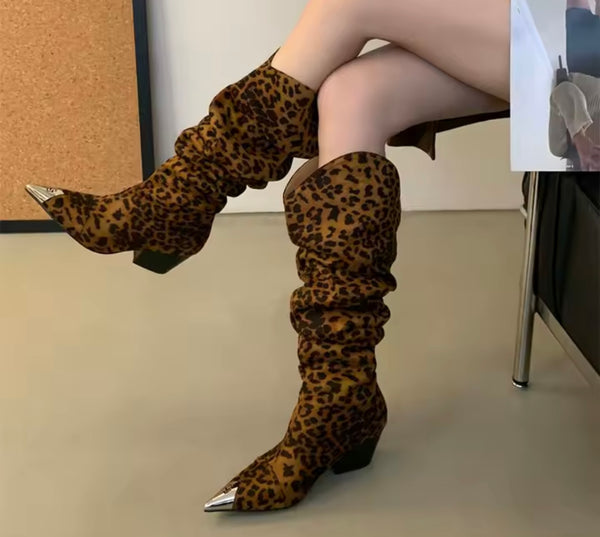 Women Metal Pointed Toe Suede Fashion Knee High Western Boots